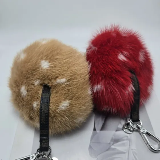 Fendi Mushroom Charm pendant Silver-tone metal brown FF coated canvas strap available in red mink fur with white spots or tan mink fur with white spots cream leather stem green leather grass detail 12cm total length