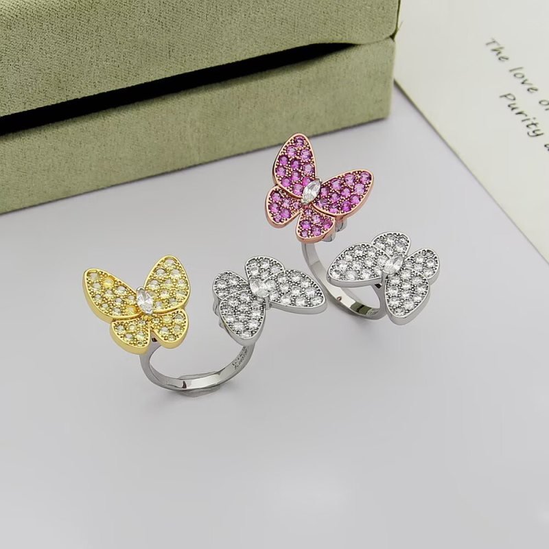 Van Cleef Arpels Two Butterfly ring 18k white gold with colorless diamonds 18k rose gold with pink sapphires 18k yellow gold with yellow sapphires US 7