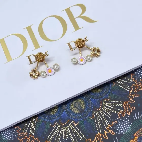 Dior Dio r evolution Daisy Clover Ear Jacket earrings Gold-tone metal white faux pearls pink and white enamel daisy with yellow center clear crystal accent on clover charm One Size post style 1 8cm drop length