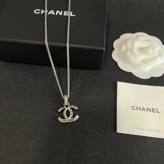 Chanel CC Logo Pendant Necklace necklace Silver-toned metal with clear crystal accents 42cm