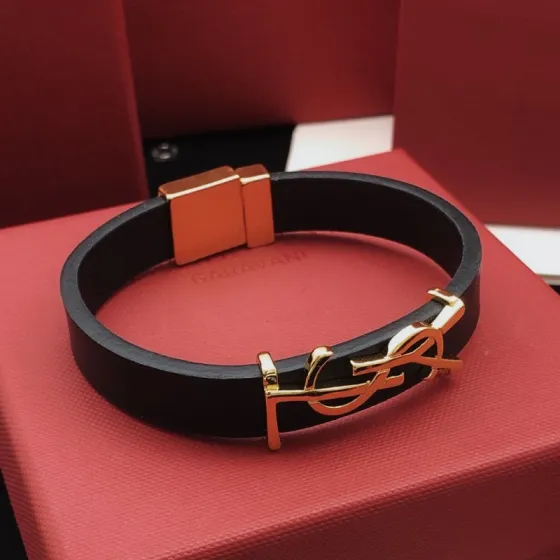 Saint Laurent YSL Monogram Leather Bracelet bracelet Black leather with gold-tone metal hardware 19cm