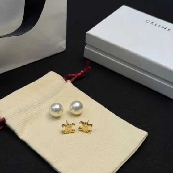 Celine Triomphe Pearl Stud Earrings earrings gold-tone metal white pearl 12mm pearl diameter