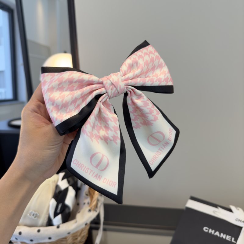 Dior Houndstooth CD Logo Bow Hair Accessory brooch Pink white black fabric with pink printed branding 15cm width