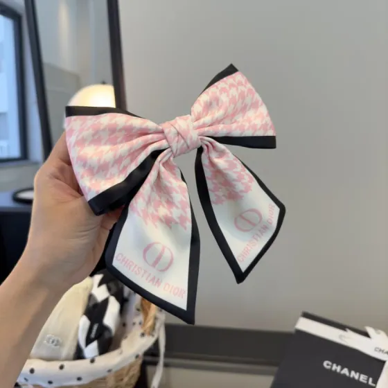 Dior Houndstooth CD Logo Bow Hair Accessory brooch Pink white black fabric with pink printed branding 15cm width