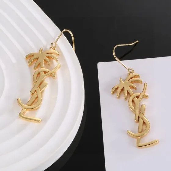 Saint Laurent YSL 1961 Palm Tree Monogram Drop Earrings earrings Polished gold-tone metal gold variant and polished silver-tone metal silver variant no accent stones 4 5cm drop length