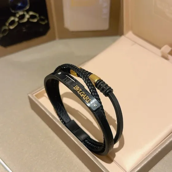 Bvlgari Serpenti Forever bracelet Black leather with gold-tone metal accents and black pave stone details 19cm