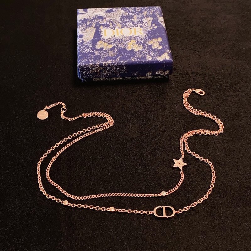 Dior Petit CD Star Double Chain necklace Rose gold metal with clear pave crystal accents on star charm 42cm with 5cm extender