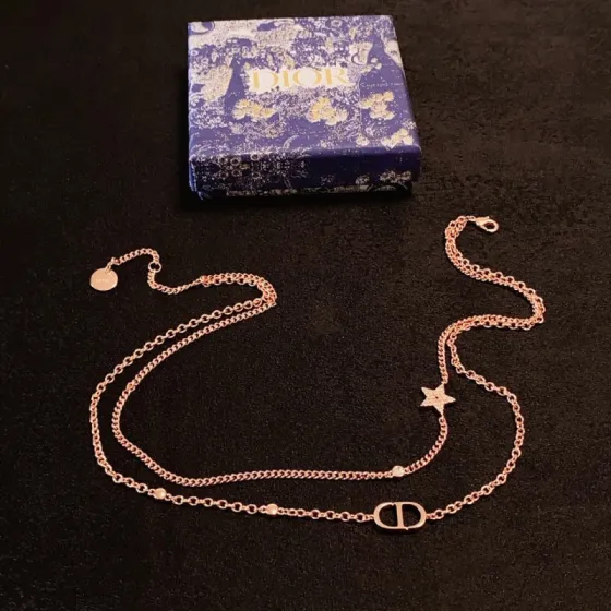 Dior Petit CD Star Double Chain necklace Rose gold metal with clear pave crystal accents on star charm 42cm with 5cm extender
