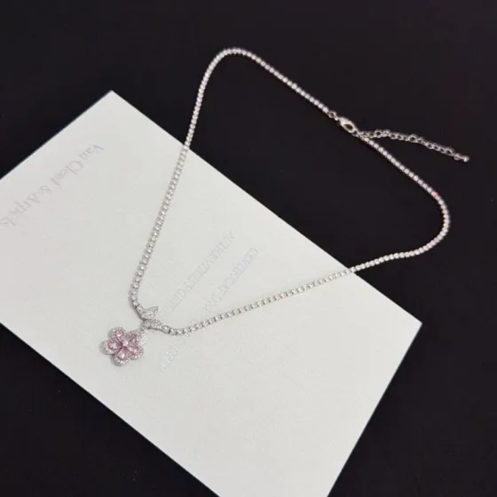 Van Cleef Arpels Frivole necklace silver-toned white gold metal with clear diamonds and pink sapphire flower pendant 42cm with 5cm extender