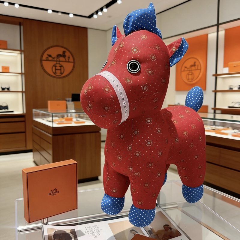 Hermes Hermy Plush Horse brooch Red fabric body with blue polka-dot fabric accents white decorative trim black eye details 35cm