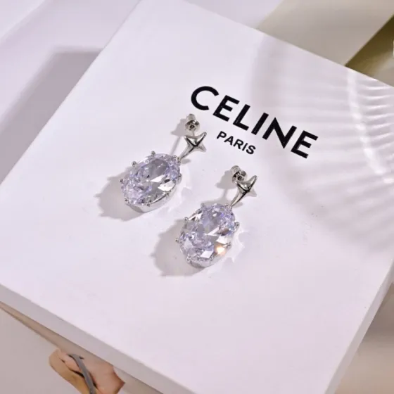 Celine Star Motif Oval Crystal Drop Earrings earrings silver-toned metal clear faceted crystal 2 5cm drop length