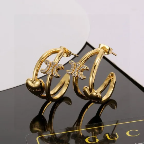 Celine Triomphe Heart Double Hoop Earrings earrings gold-tone metal with clear cubic zirconia accents 2 5cm hoop diameter