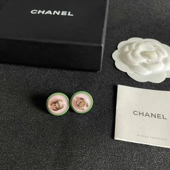 Chanel CC Logo Round Resin Stud Earrings earrings gold-tone metal light pink resin light green resin 1 5cm diameter