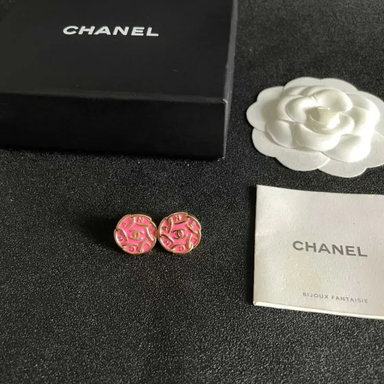 Chanel CC Logo Round Enamel Stud Earrings earrings gold-tone metal with bright pink enamel 1 2cm diameter