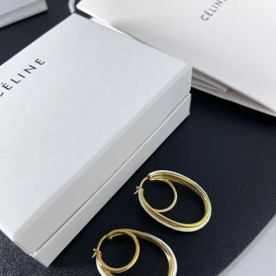 Celine Double Oval Hoop earrings gold-tone metal with white enamel trim 4 5cm drop length