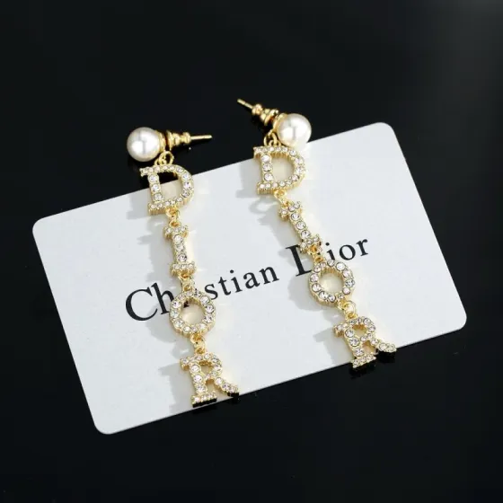 Dior Dior Tribales DIOR Letter Drop Earrings earrings gold-tone metal white faux pearl clear crystal 6cm drop length