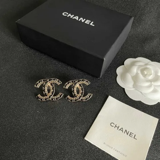 Chanel CC Logo Stud Earrings earrings Gold-tone metal with black inlay One Size