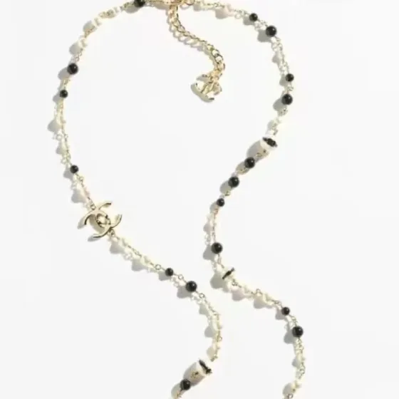 Chanel CC Logo Pearl Bead Long Necklace necklace Gold-tone metal white faux pearl black resin bead 80cm