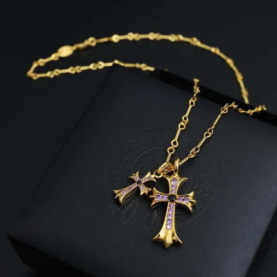 Chrome Hearts Double Cross Pendant necklace Gold-tone metal with purple and black gemstones Silver-tone metal with purple and black gemstones 20 inches
