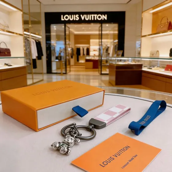 Louis Vuitton Anger Forest Bear Key Charm pendant Gunmetal gray metal silver-tone bear charm with green enamel detail pink and white damier check fabric strap blue fabric accent 12cm total length