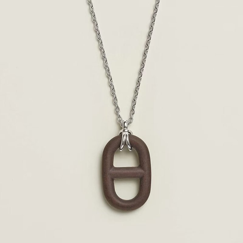 Hermes Farandole necklace silver metal with matte brown pendant 45cm