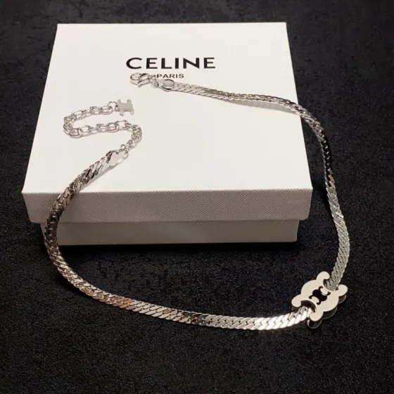 Celine Triomphe Skeleton Chic Herringbone Choker necklace Silver-toned metal with black enamel Triomphe logo detail 40cm with 5cm extender