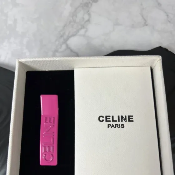 Celine YHFJ045 Embossed Logo Hair Clip Set brooch Enamel in fuchsia light pink light green light purple pale yellow with embossed matching-tone Celine logo 6cm per