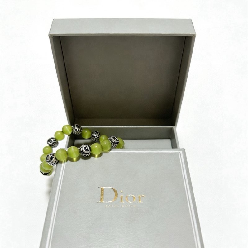 Dior Dior Oblique Logo Beaded Bracelet bracelet Antique silver-tone metal with black enamel accents light lime green cat s eye beads 19cm