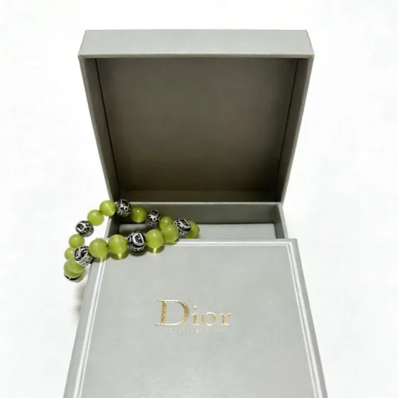 Dior Dior Oblique Logo Beaded Bracelet bracelet Antique silver-tone metal with black enamel accents light lime green cat s eye beads 19cm