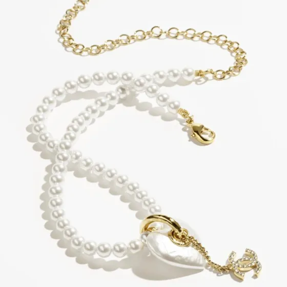 Chanel CC Heart Pearl Pendant Necklace necklace Gold-tone metal white faux pearl clear crystal white mother-of-pearl effect heart charm 40cm with 7cm extender chain