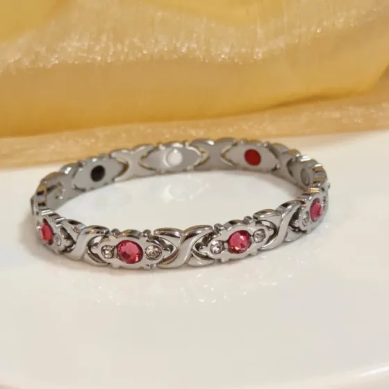 Piaget Magnetic Therapy Link Bracelet bracelet Silver-toned metal with pink gemstones clear accent stones and black white red magnetic inlays 19cm