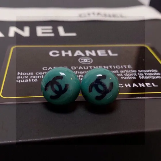 Chanel CC Logo Resin Ball Stud Earrings earrings Teal green resin with black interlocking CC logo gold-tone metal hardware 10mm diameter