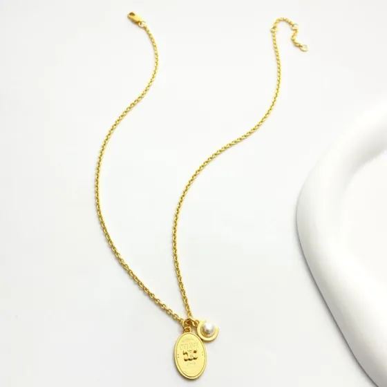 Celine Triomphe Oval Pearl Pendant necklace gold-tone metal with white pearl 45cm with 5cm extender