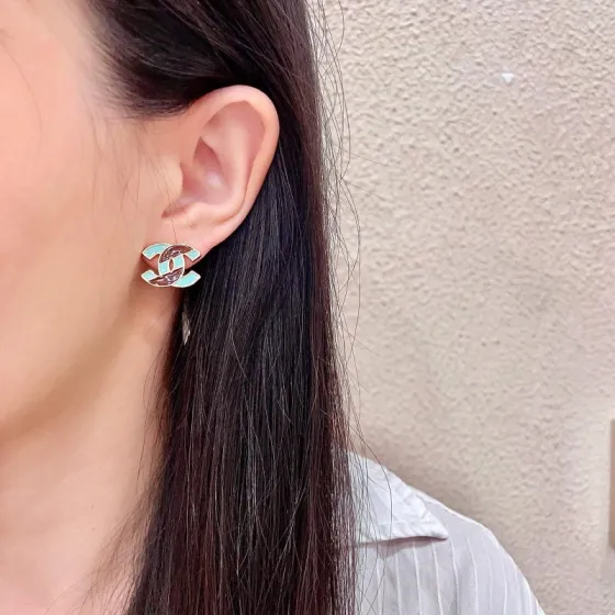 Chanel CC Logo Stud Earrings earrings gold-tone metal with turquoise and brown enamel 1 2cm stud diameter