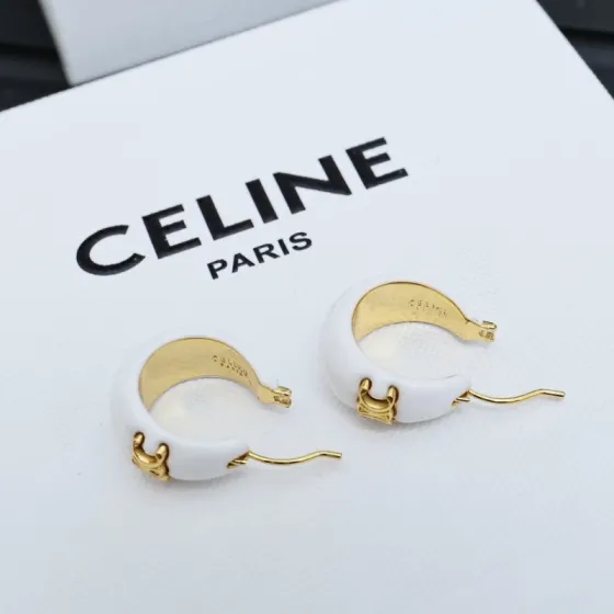 Celine Triomphe earrings gold-tone metal with white enamel 2 2cm hoop diameter