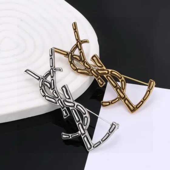Saint Laurent Cassandre YSL Monogram brooch antique silver antique gold 4 5cm width