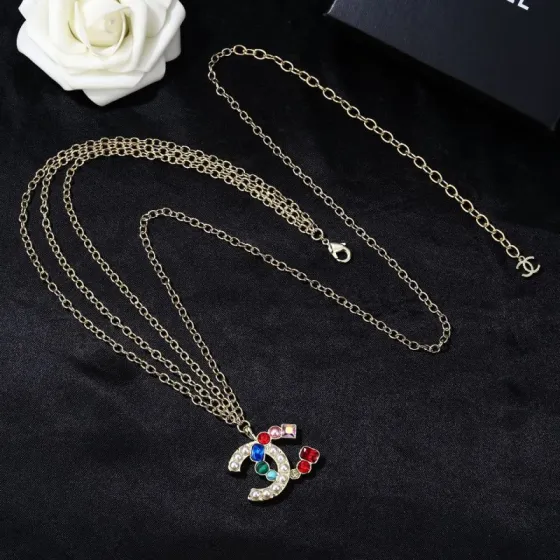 Chanel Goose series multicolor gemstone CC logo waist chain necklace gold-tone metal with white faux pearls multicolor gemstones red blue green pink clear 80cm