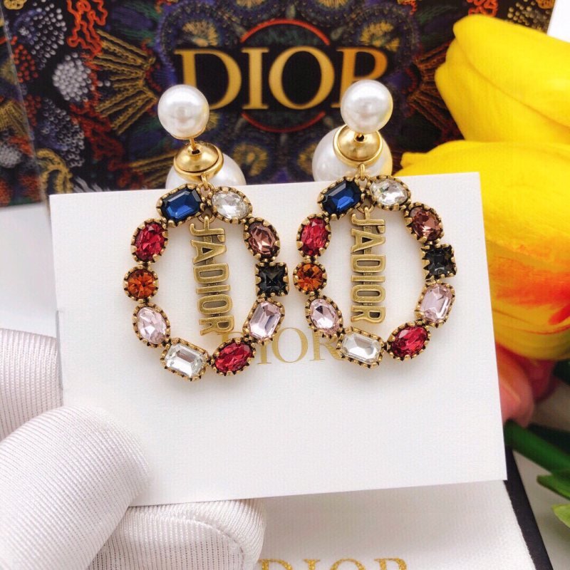 Dior J Adior earrings Antique gold-tone metal with white faux pearls and multicolor crystals blue clear red orange pink black brown One Size