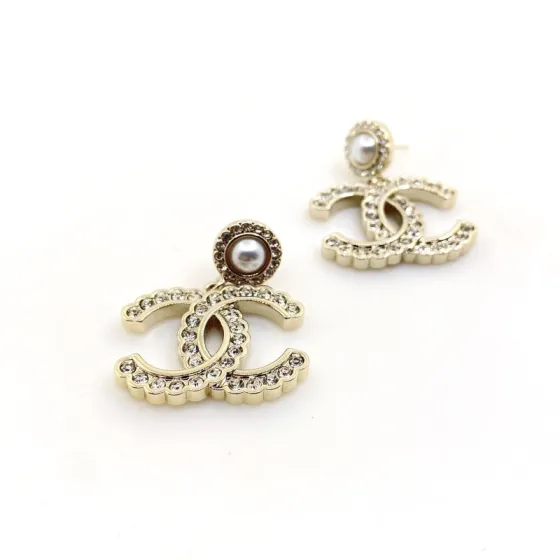 Chanel CC Logo Pearl Crystal Drop Earrings earrings light gold metal white faux pearl clear crystal 2 5cm drop length