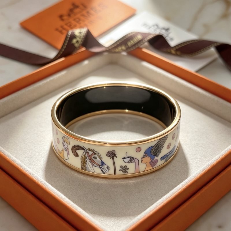 Hermes Clic Clac H Enamel Bangle bracelet Gold plated metal cream enamel with multicolor whimsical print black enamel interior 20mm width