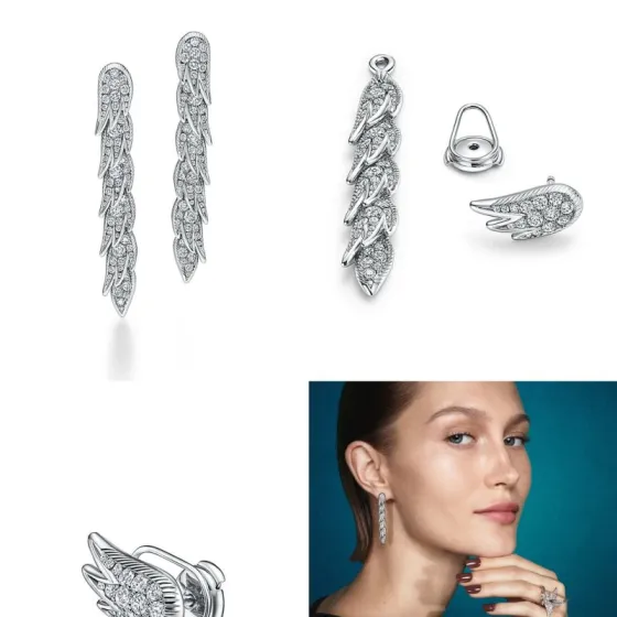 Tiffany Feather Drop Earrings earrings Sterling silver with clear diamond pave available variants in yellow gold rose gold with clear diamond pave 4cm drop length