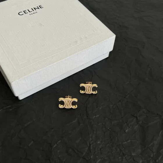 Celine Triomphe Pearl Stud Earrings earrings gold-tone metal with cream faux pearl accents 1 5cm width per earring