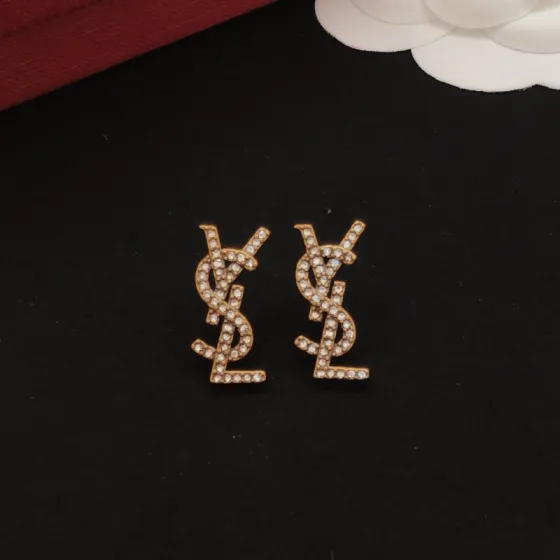Saint Laurent YED0085 Cassandre Monogram earrings antique gold metal with clear crystal stones 2cm length