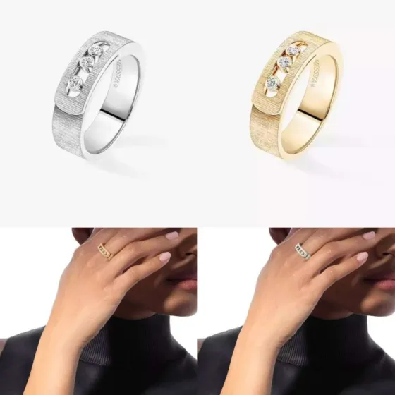 Messika Move Noa ring 18k yellow gold 18k white gold 18k rose gold with clear round diamonds brushed textured metal finish 6 7 8 9