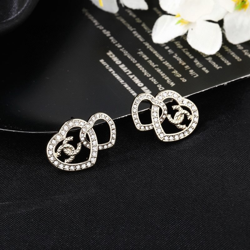 Chanel Interlocking CC Double Heart Crystal Stud Earrings earrings light gold tone metal with clear crystal accents 2cm width per earring