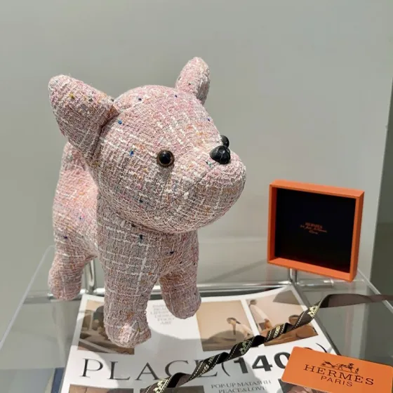 Hermes Buldog Plush Charm pendant Pink multicolor tweed fabric with black plastic accents 28cm