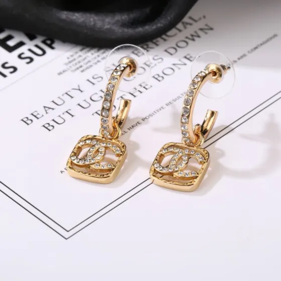 Chanel CC Square Crystal Drop Hoop Earrings earrings gold-tone metal with clear crystal accents 1 5cm drop length