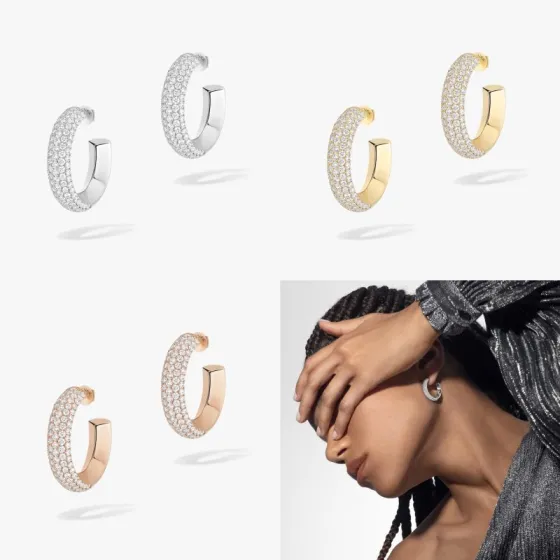 Messika Move Series Pave Hoop Earrings earrings Available in rhodium-plated silver-toned metal yellow gold-toned metal and rose gold-toned metal all set with clear pave diamonds 20mm outer hoop diameter