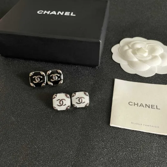Chanel CC Logo Square Stud Earrings earrings Silver-tone metal with black and white enamel 1 2cm stud diameter