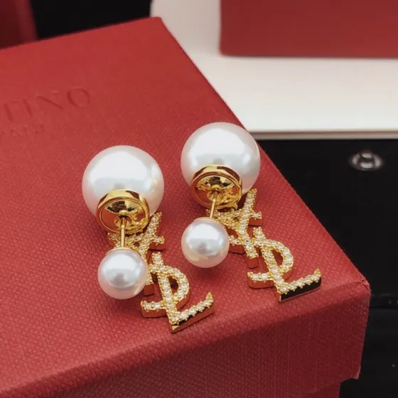 Saint Laurent Cassandre Pearl Logo Drop Earrings earrings Gold-tone metal white pearls clear pave crystals One Size drop length 2cm